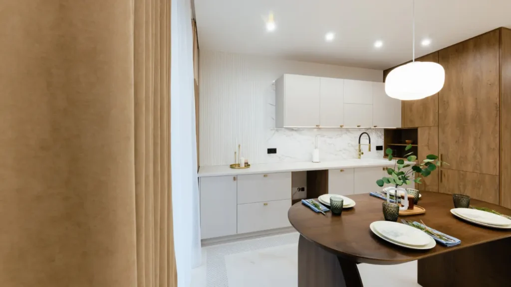 white oak and black kitchen